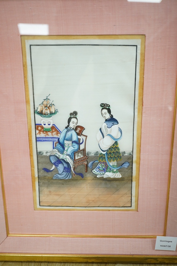 Chinese School, pair of pith paper paintings, Figures in interiors, 30 x 17cm. Condition - fair